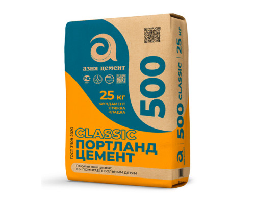 Цемент Азия Цемент I 42.5Н (ГОСТ31108-2020) (М-500) 25кг (поддон 64 шт.) CLASSIC